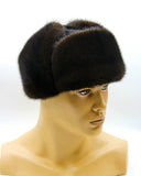 Front viewbrown mink suede bomber ushanka earflaps up position