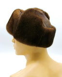 Side angle view brown mink suede bomber fur hat ushanka