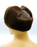 Top-back view brown mink suede bomber ushanka crown structure