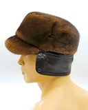Back view brown mink cap earflaps tied down