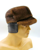 Front view brown mink cap earflaps down for ear coverage