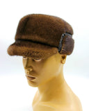 Brown mink fur cap with leather band detail front view