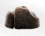 Brown sheepskin ushanka side angle earflaps down