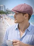Burgundy baker boy hat mens side profile linen cotton summer