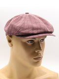 Burgundy linen newsboy cap mannequin front view 8-panel structure