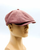 Burgundy linen newsboy cap side profile straight visor