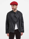 Man in burgundy wrinkled linen baker boy hat with black leather jacket torso front view
