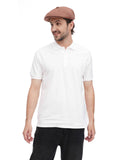 Man in cappuccino newsboy cap 8-panel upper body angled view white polo shirt