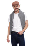 Man in cappuccino newsboy cap and grey vest casual outfit alternative angle view