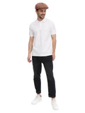 Man wearing cappuccino baker boy hat 8-panel front view casual stance white polo