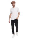 Cappuccino 8-panel flat cap styled with white polo shirt hand in pocket casual pose