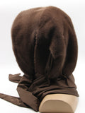 Close view chocolate brown mink fur hat hood showing dense dyed mink pile in rich chocolate-brown tone