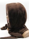 Back view chocolate brown mink fur hat hood showing full dark mink coverage and light brown fabric scarf