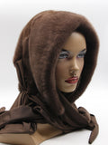 Chocolate brown mink fur hat hood front view on mannequin showing rich dark mink and light brown fabric scarf