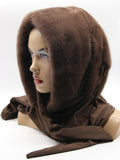 Side profile chocolate brown mink fur hat hood scarf on mannequin showing hood depth and plain light brown scarf end