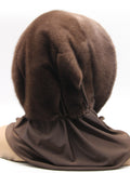 Three-quarter back view chocolate brown mink fur hat hood with light brown fabric scarf hanging loose