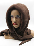 Three-quarter view chocolate brown mink fur hat hood showing dark mink surface and light brown scarf drape