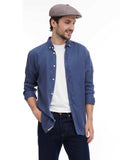 Cocoa baker boy hat styled with blue denim shirt casual torso view angle