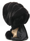 Back view dark brown mink black suede striped fur hat hood showing full alternating warm-dark stripe pattern
