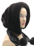 Dark brown mink black suede striped fur hat hood front view on mannequin showing warm dark mink and black suede alternating stripes