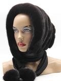 Three-quarter view dark brown mink black suede striped fur hat hood showing deep warm-dark contrast stripe texture