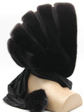 Detail view black fabric ties with dark pompons at front of dark brown mink black suede striped fur hat hood