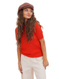 Front portrait of woman in cocoa brown 8-panel cotton newsboy cap