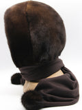 Back view dark chocolate natural mink fur hat hood showing full deep brown mink coverage and brown fabric scarf