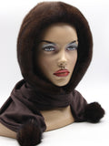 Dark chocolate mink fur hat hood front view on mannequin showing deep natural brown mink and brown scarf