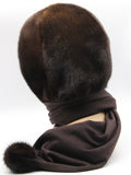 Close view dark chocolate mink fur hat hood showing natural deep brown mink pile with dimensional tonal variation