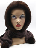Three-quarter view dark chocolate mink fur hat hood showing rich natural brown mink surface and brown scarf drape