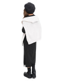 Angled full body view woman wearing dark grey cashmere baker boy cap