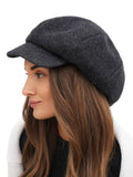 Dark grey raw cashmere 8-panel newsboy cap front view on white background