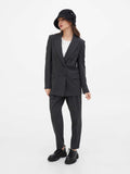 Full-length view of dark grey cloche hat with dark suit outfit