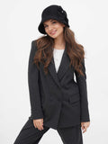 Close-up of dark grey wool cloche hat with flower-shaped bow
