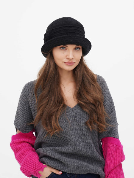 Beatrice dark grey wool cloche hat with fabric flower