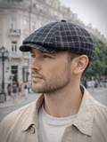 Dark plaid mens newsboy cap three quarter view handcrafted linen