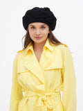 French style black beret with flower for women three-quarter view, classic winter hat handcrafted