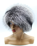 Fur hat for women in silver fox, slight right angle showing white-tipped guard hair