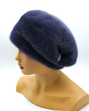 Graphite blue gathered mink beret right side profile showing tuck construction and deep blue-charcoal fur sheen