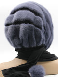 Back view graphite mink black suede striped fur hat hood showing full alternating mink-suede stripe pattern