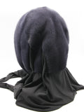 Back view graphite mink fur hat hood shawl showing full dark mink coverage and wide shawl fabric drape