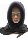 Graphite mink fur hat hood shawl front view on mannequin showing dark mink hood and wide fabric shawl