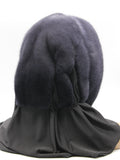 Close view graphite mink fur hat hood showing dense charcoal-grey dyed mink pile and clean face opening