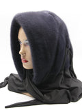 Side profile graphite mink fur hat hood shawl on mannequin showing hood depth and wide fabric shawl width