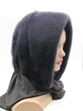 Three-quarter back view graphite mink fur hat hood shawl showing dark mink crown and wide fabric across shoulders