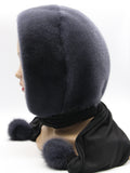 Back view graphite mink fur hood on mannequin showing full charcoal mink coverage and dark fabric scarf tail