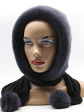 Side profile graphite dyed mink fur hood scarf on mannequin showing hood depth and dark fabric scarf