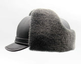 Grey sheepskin visor cap side view leather bill