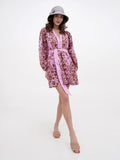 Side view of grey cotton sun hat with pink printed dress